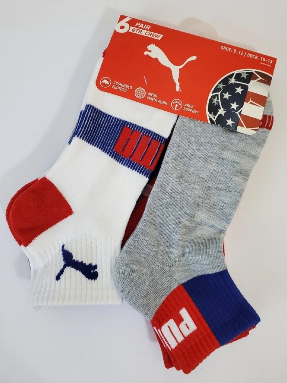 PUMA QUARTER CREW MEN'S SOCKS 6 PAIR SIZE SHOE 8-12 SOCK 10-13 USA SOCCER